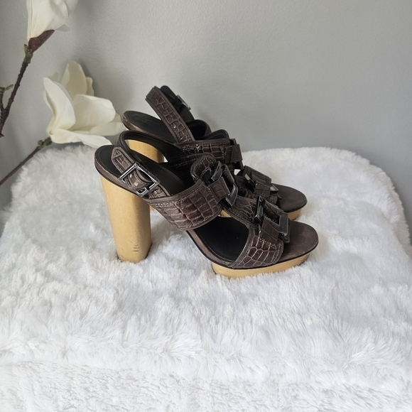 TORY BURCH Kayla Croc Leather Platform Sandals Heels - Picture 2 of 12
